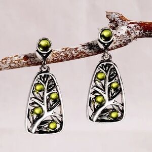 925 Sterling Silver Plated Green Synthetic Gemstone Boho Tree Earrings